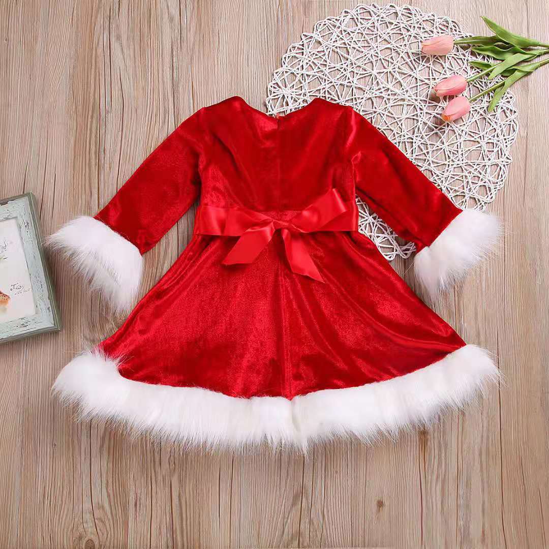 Girls Long Sleeve Velvet Princess Santa Christmas Dress With Belt Red And White